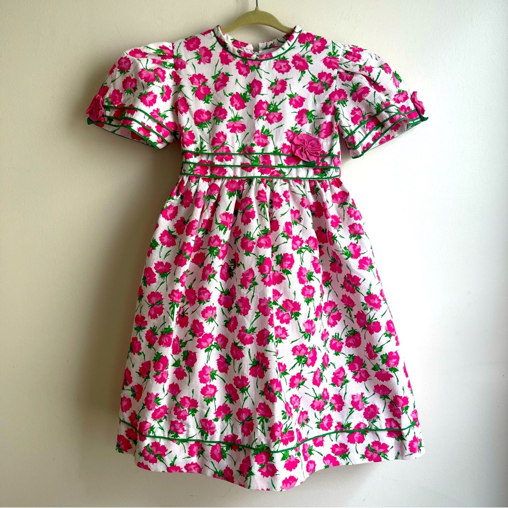 Vintage Sylvia Whyte Girl Floral Dress Rosettes Pink White Crinoline Size 5